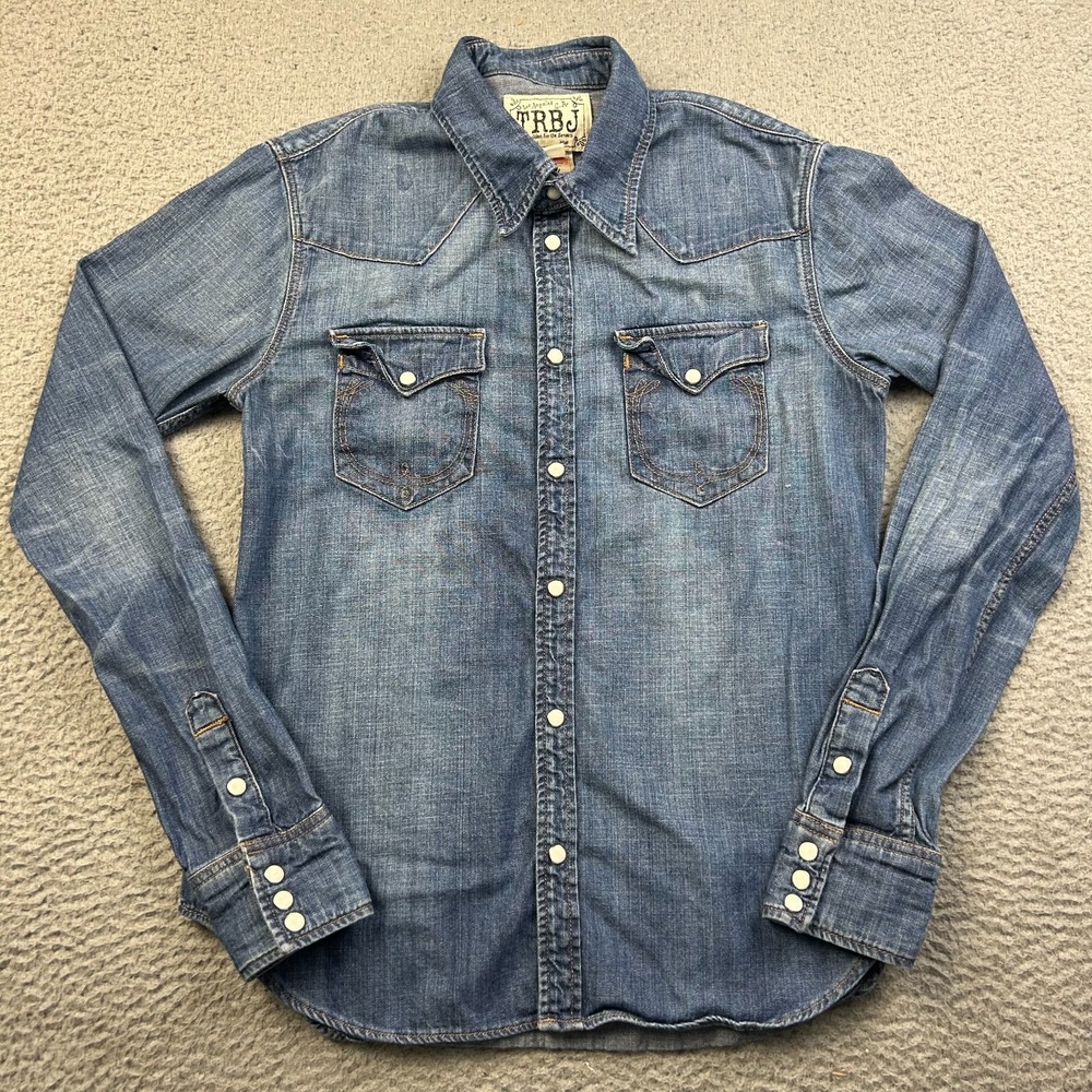 True Religion Shirt Womens M Georgia Lonestar Denim Western Pearl Snap Blue